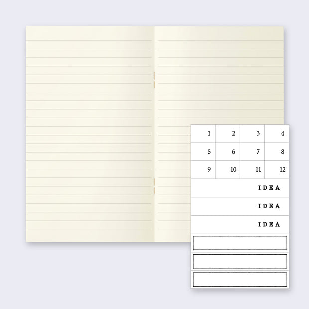 Open notebook, with cream colored pages and lined paper and an insert of white stickers numbered 1 to 12 with three "Idea" stickers.