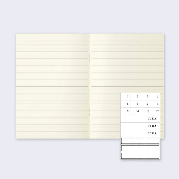 Open notebook, with cream colored pages and lined paper and an insert of white stickers numbered 1 to 12 with three "Idea" stickers.