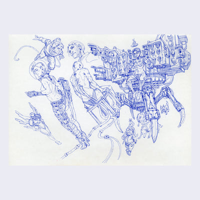 Blue ballpoint pen drawing on white paper of various people with many mechanical elements and equipment.