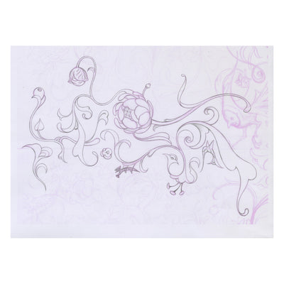 Soft graphite drawing on purple tinted paper of a delicately curving floral branch, with leaves and 2 mum flowers growing off of it. 1 of the flowers has a small face in place of the flower's center.