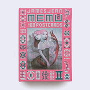 Set of 100 postcards in a bright pink hardcover bound box with pattern bordering it. Text reads "James Jean Memu 2 100 postcards" with a center illustration of a girl with two heads, a collared dress and a long tailed red bird in her hand.