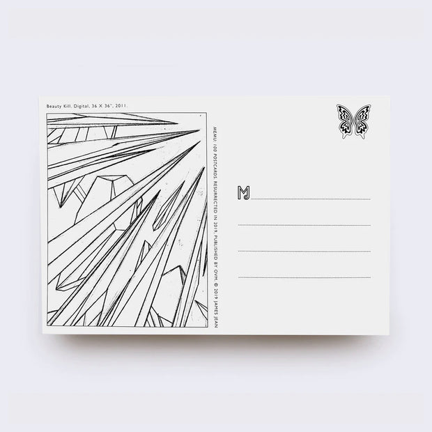 Backside of a postcard, white with a simple line drawing design of pointed shapes. Next to it is 4 empty lines for a note to be written.
