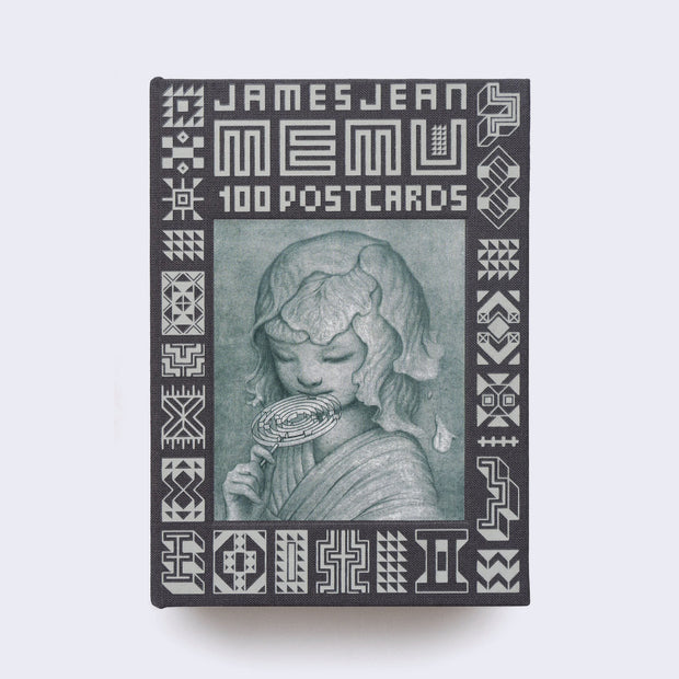 Set of 100 postcards within a charcoal gray box with patterning around the border. Text reads "James Jean Memu 100 Postcards" with a center illustration of a child holding a lollipop shaped maze and with chrysanthemum petals on their head.