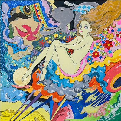 Brightly colored painting of a nude woman with long dirty blonde hair and her legs drawn up toward her chest, sitting on a series of multicolored clouds and flowers coming out of them. Next to her is a gray stuffed rabbit, tucked into a floral pattern blanket. A frog like creature with a black mustache floats next to the rabbit.