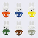 6 plastic Miffy figures, each with a different color shirt, with rounded bottoms so that they wobble when on a surface. Shirt colors are orange, blue, yellow, forest green, brown and sage green.