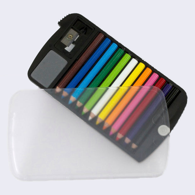 Set of 12 mini colored pencils: brown, blue, light blue, green, lime green, white, yellow, orange, pink, red, purple and black. They sit flat in a black case with a mini pencil sharpener and mini rubber eraser, case cover is clear.