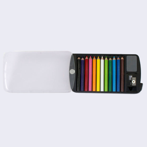 Set of 12 mini colored pencils: brown, blue, light blue, green, lime green, white, yellow, orange, pink, red, purple and black. They sit flat in a black case with a mini pencil sharpener and mini rubber eraser, case cover is clear.