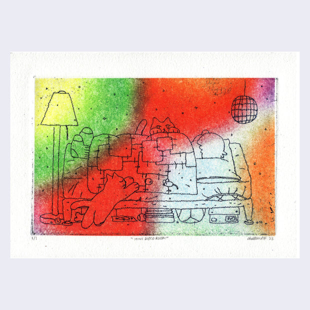 Fine black line intaglio print of a person sleeping in bed, with their face turned away from the viewer and under a patchwork blanket. They have many objects under their bed and 2 cats pawing at them, trying to get them to wake up. A disco ball is in the top right corner. Piece is colored with a large streak of red in the center, and green, yellow, orange and purple bursts of color around.