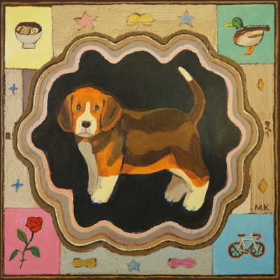 Painting reminiscent of a children's nursery book, with a curious looking beagle in the center on black background. It is bordered in by pastel colored pattern blocks, with a small bowl of ramen on a yellow square on the top left, a mallard duck on a pastel green square on upper right, a bicycle on pastel blue square in bottom right and a red rose in pastel red square in bottom left.