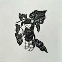 Black linocut print on paper of a small girl with pigtails and a large shirt with the design of a turtle on it. She looks through large Monstera style leaves. 