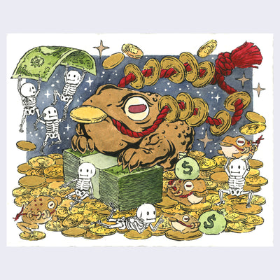 Watercolor painting of a large pile of money and gold coins, with a large golden frog sitting in the middle, holding a coin and a red rope with many coins in its mouth. Around, many cartoon skeletons play with the money piles and some smaller golden frogs.