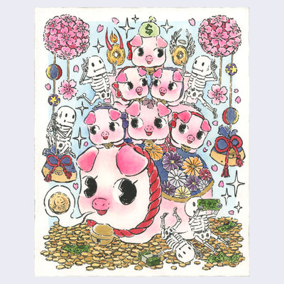 Watercolor painting of many cute pink pigs, stacked upon each other, with several cartoon skeletons nearby playing in a pile of money, holding gold coins up or riding along decorative New Year decor.