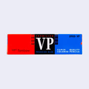 Rectangular package of 12 colored pencils, each half red and half blue.