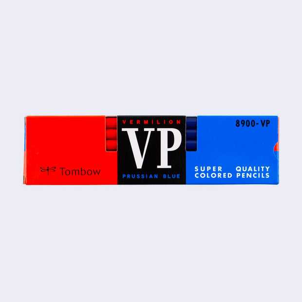 Rectangular package of 12 colored pencils, each half red and half blue.