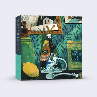 Product packaging for a puzzle, of an illustrated moth woman sitting atop of an upside down white mug in a living area with other tea accessories and framed pieces.
