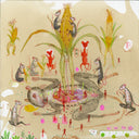 Colorful illustration on tan paper. A large dead rat lays on its back with its stomach split open, a large stalk of corn grows out of it with smaller mice sitting on it. Around the dead mouse are other mice, sitting and interacting with other corn stalks. Many simplified small red characters stand around the ground.