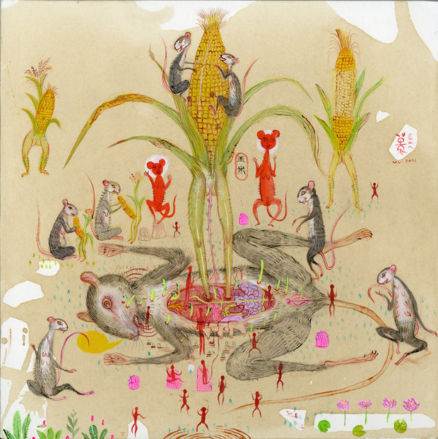 Colorful illustration on tan paper. A large dead rat lays on its back with its stomach split open, a large stalk of corn grows out of it with smaller mice sitting on it. Around the dead mouse are other mice, sitting and interacting with other corn stalks. Many simplified small red characters stand around the ground.