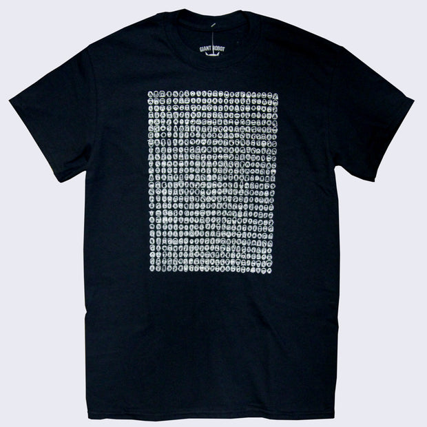Front side of black t-shirt. Tiny doodles of faces lined up in an oversized grid pattern.