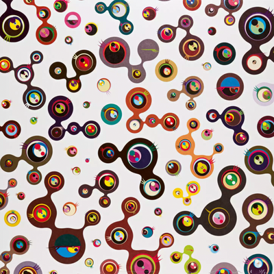 Illustration of various colored Murakami eyes, some joined into one another, forming something similar to a pattern. Background is white.