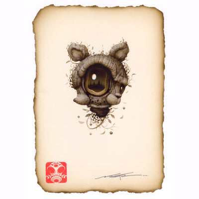 Finely rendered illustration of an ambiguous animal, with two faces mashed together, one with a large eye reflecting a forest scene. It has a pair of small rounded ears and many small vines and weeds sprouting off of it. It is on a piece of tan paper with browned edges.