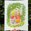 Risograph print of a tea party scene with many pink, yellow and orange dogs. Scene is framed by bright greenery with hanging lamps.