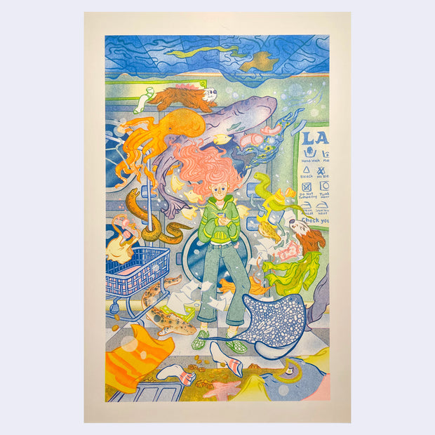 Risograph print on cream paper of a cartoon girl with long pink hair, standing in a laundry mat that is underwater. She is surrounded by floating clothing articles and various fish and sea creatures.