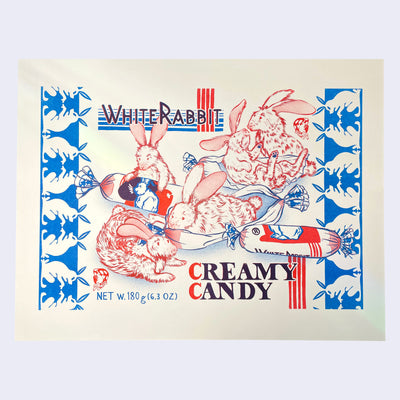 Red and blue risograph print on cream paper. Many white rabbits with red outlining play around wrapped and unwrapped White Rabbit brand candy, with text reading "White Rabbit" above and "Cream Candy" below. On the right and left side is a blue pattern of white bunnies, facing each other.