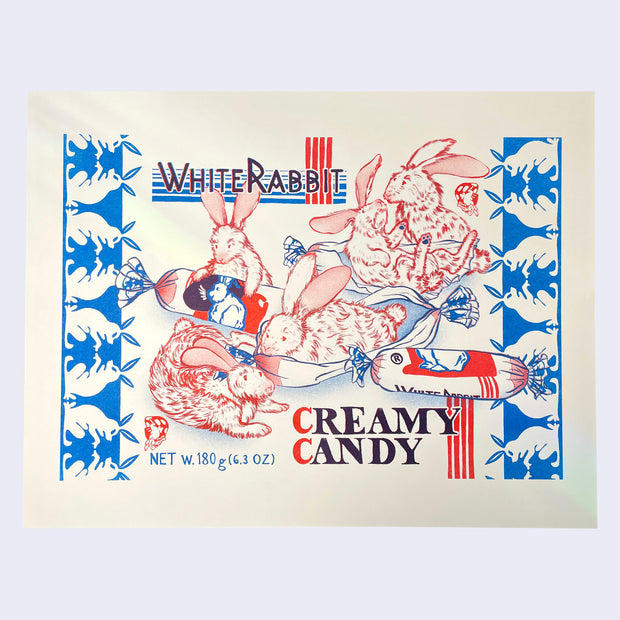 Red and blue risograph print on cream paper. Many white rabbits with red outlining play around wrapped and unwrapped White Rabbit brand candy, with text reading "White Rabbit" above and "Cream Candy" below. On the right and left side is a blue pattern of white bunnies, facing each other.