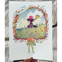 Risograph print of Kiki from Kiki's Delivery Service sitting on a green hilltop with a cloudy blue sky behind. She holds a broom and has a hand radio, with a black cat laying beside her. Scene is framed by a wreath made of bread, flowers and birds.