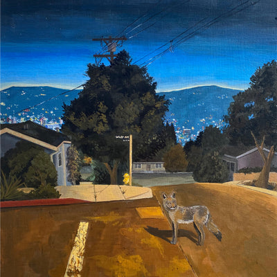 Painting of a nighttime city neighborhood street, with a coyote standing in the middle. Illuminated city lights can be seen in the background and the street colors are warm from streelights.