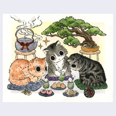 Watercolor painting of three fluffy cats sitting on patterned cushions in a half circle. They sit over steaming cups of tea with small sweet treats on plates in front of them. Behind them on wooden stools are a steaming tea kettle and a large bonsai tree.
