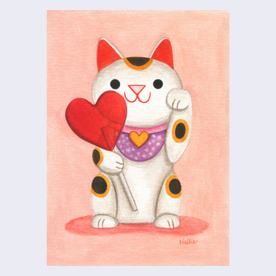Illustration of a sweet looking cartoon style calico maneki, a cat sitting on its hind legs with one of its paws raised up. The other holds a large heart shaped lollipop. 