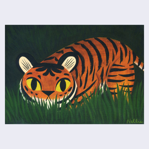 Painting of a cartoon tiger with large yellow eyes, crouched behind tall blades of grass with a dark green background.
