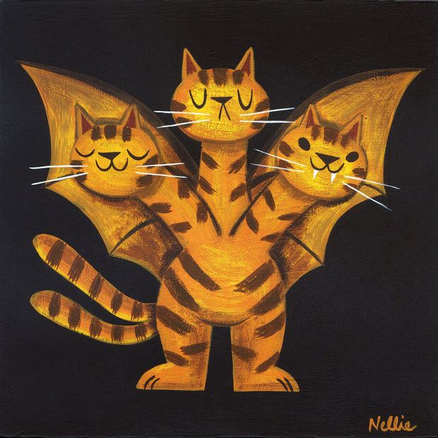 A painting of a 3 headed cat version of King Ghidorah, orange with brown stripes all over, two tails and two large wings. One face is smiling with eyes closed, another is serious with eyes closed, and one is smiling with eyes open and sharp teeth. Painting is on an alI black background.