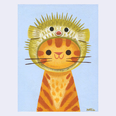 Painting of a cartoon style orange tabby cat sitting and smiling, seen only from the torso up. It wears a puffer fish atop and around its head, like a hood hat.