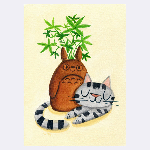 Simple illustrative style painting of a gray tabby cat, smiling with closed eyes, laying on the ground with its body wrapped around a brown Totoro shaped plater, with bamboo leaves sprouting out.