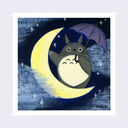 Illustration of a simplified, smiling gray fluffy character standing on a yellow crescent moon while holding a dark purple umbrella. Background is a deep blue night sky with sparse sparkle shaped stars and foggy clouds.