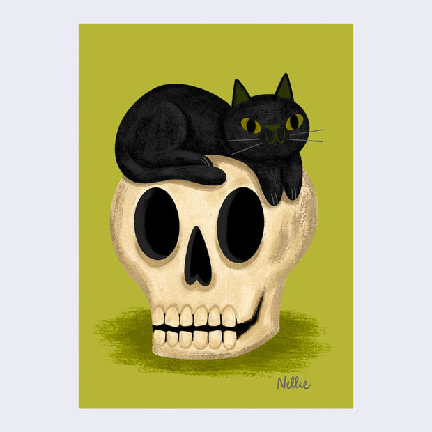 Illustration of a cream colored stylized skull, with a smiling black cat with green eyes resting atop of it. Background is a solid fill of olive green.