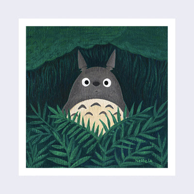 Painting of a simple forest setting, with Totoro appearing behind some leaves, which are pushed aside to reveal him from the torso up. Background is all the same deep green and blue, with a thin white border of paper.