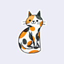 Die cut sticker of a smiling, sitting cartoon style calico cat.