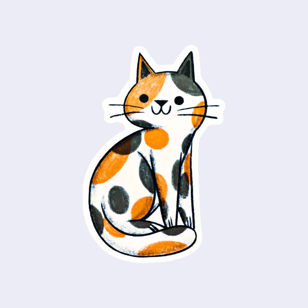 Die cut sticker of a smiling, sitting cartoon style calico cat.