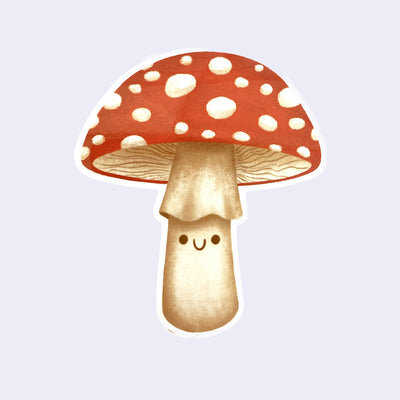 Die cut white bordered sticker of a red toadstool mushroom, with a simple smiling face on the stem.