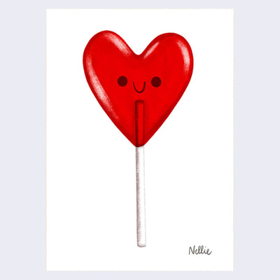 Simplistic illustration of a red heart shaped lollipop with a simple smiling face and no other body features. Background is all white and cursive artist signature reads "Nellie" in the bottom right corner.