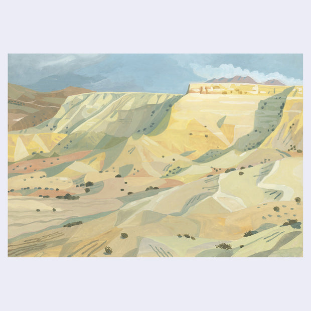 Plein air painting of tall desert dunes with long plateaus in the background.