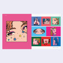 2 page excerpt featuring various artworks by artist Kamin, all close up illustrations of girl's faces, focusing primarily on their eyes and mouths. Each drawing is on a bright colored background.