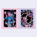 2 page excerpt, featuring 2 pieces by the artist mamawiz. First drawing is of a pink girl in a blue outfit with an owl on her shoulder standing in a dark space like setting. Next drawing is of 2 fairy girls, dressed fashionably within a setting of flowers against a black background.