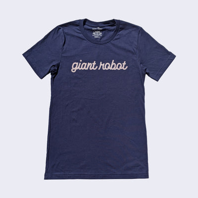 Front side of dark blue t-shirt. There is cursive text across chest that says giant robot.
