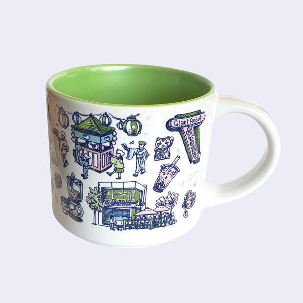 White ceramic mug with a metallic green interior and various illustrations on it, all within a color scheme of blue, pink, white and green. Illustrations include a maneki, a boba, an exterior of a restaurant, a drip coffee machine, a store sign that says "Giant Robot Store" and a group of people walking under paper lanterns.