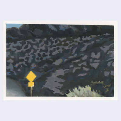 Plein air painting of a canyon road at night, with a street sign illuminated and the hills darkened.