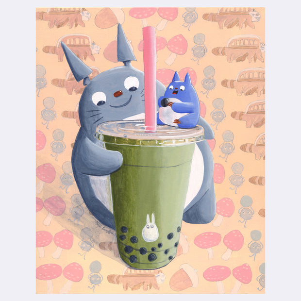 Painting of a smiling, smoothly stylized Totoro looking at a large matcha boba in a clear plastic cup with a thick pink straw. A smaller blue Totoro sits on top of the lid, holding a single boba.